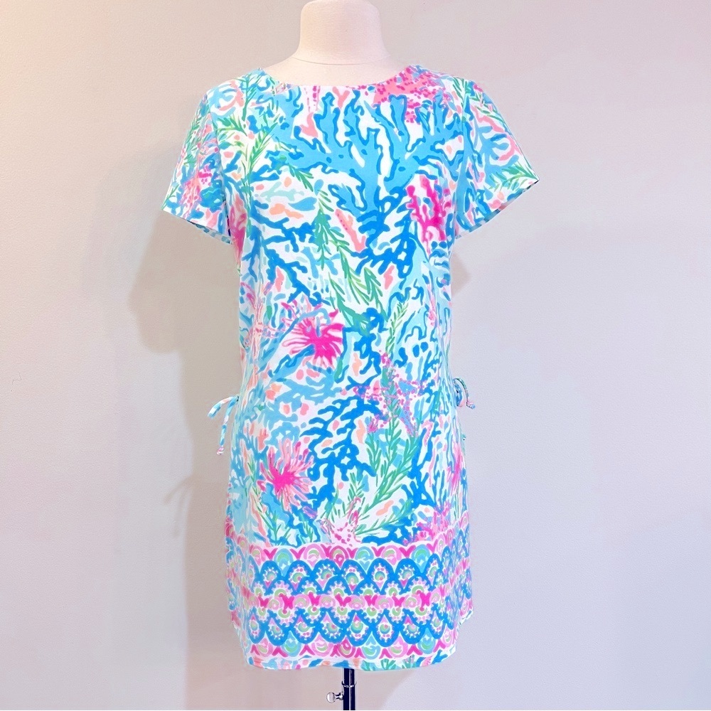 Lilly Pulitzer Blanca Stretch Romper Coral Bay Print Size 14 EUC Back Zip